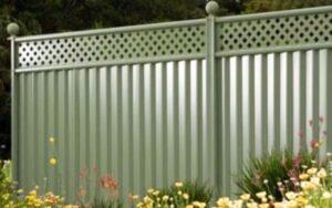 Light green Colorbond fence with lattice top surrounded by a vibrant garden in Canberra